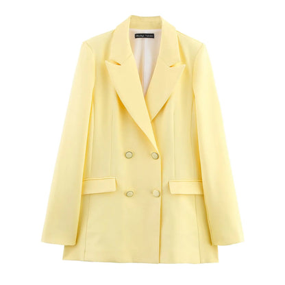 HH Women New Fashion Blazer Suit Lapel Double-Breasted Pocket Casual Coat+Chic High Waist Loose Zipper Slim Long Pants Suit