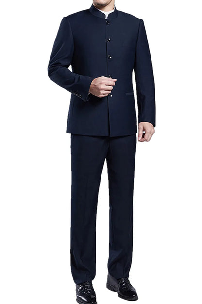 Classic Men Business Chinese Mountain Suit Suit Set 2-Piece High Quality Wedding Party Dress Set Black Navy Wine Red Suit+pant