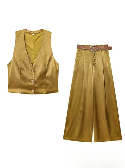 KONDALA Casual Chic Yellow Satin Women Suits V Neck Buttons Vest High Waist Wide Leg Pants Fashion 2025 Summer Holiday Suits