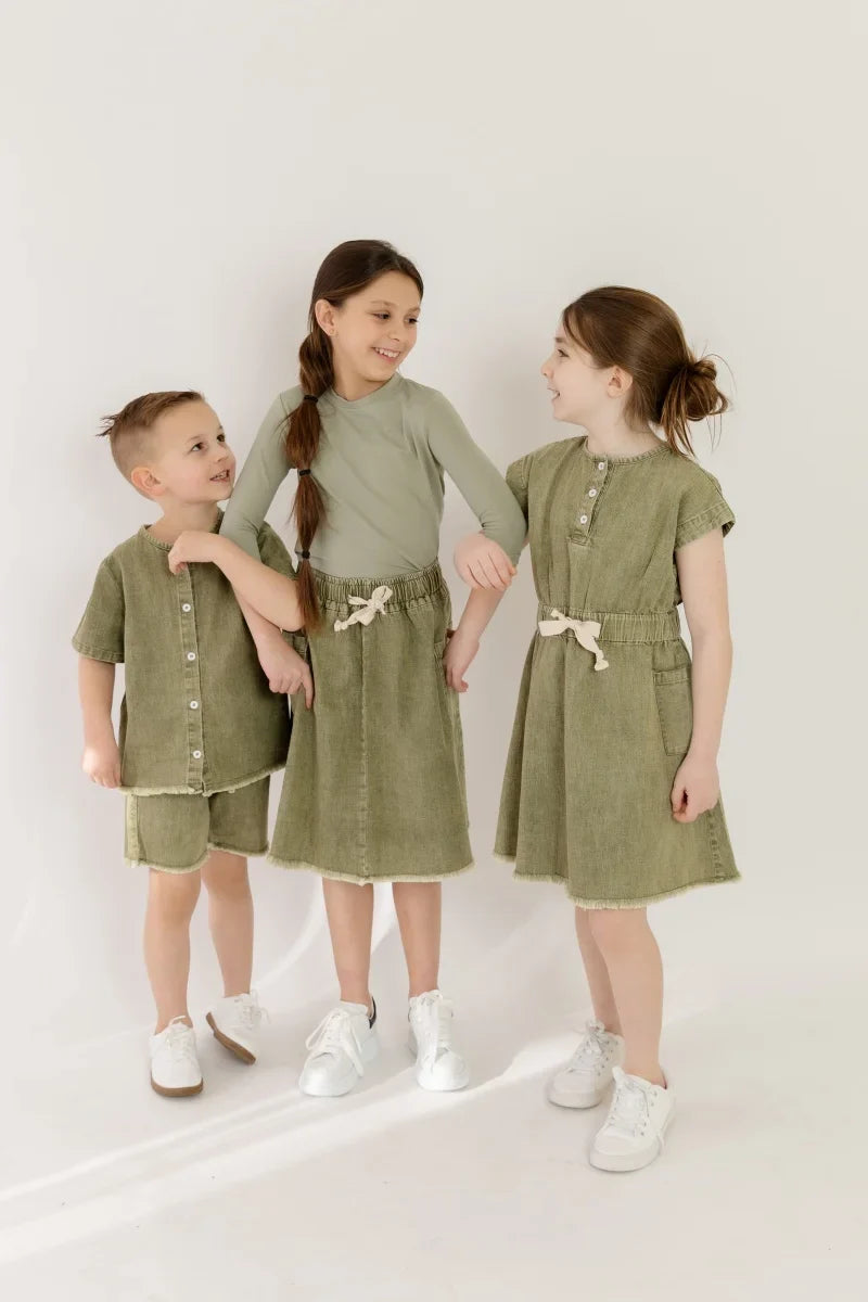 AP 2025 SS washed green denim Fringe collection boys girls fashion cotton jeans dress shirt skirt family clothing