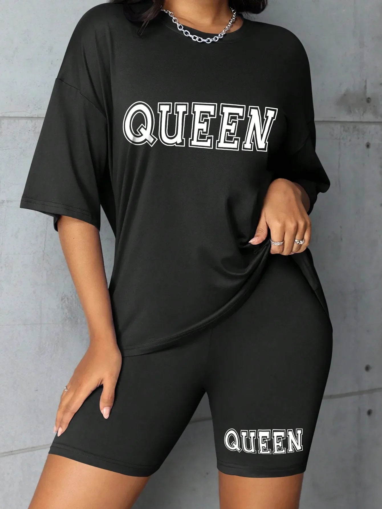 Plus size fashionable all-match shorts short-sleeved suit queen letter print simple and comfortable two-piece suit 2024 New