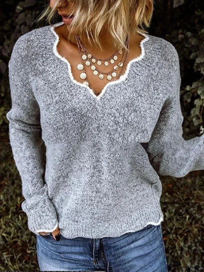 ALLUKASA 2025  Autumn Winter Women's Solid Color Long Sleeved V-neck Knitted Cute Pullover Sweater Loose