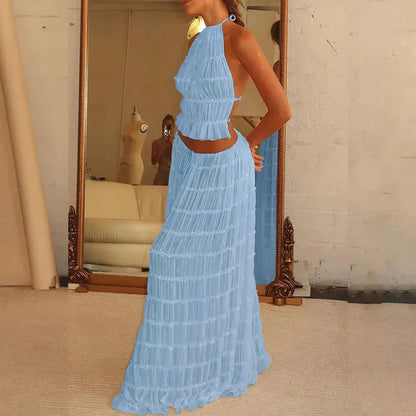 Beach Dresses Women 2024 Skirt Set Sleeveless Backless Cropped Halter Tops Drawstring Long Skirts Elegant Fashion 2 Piece Sets