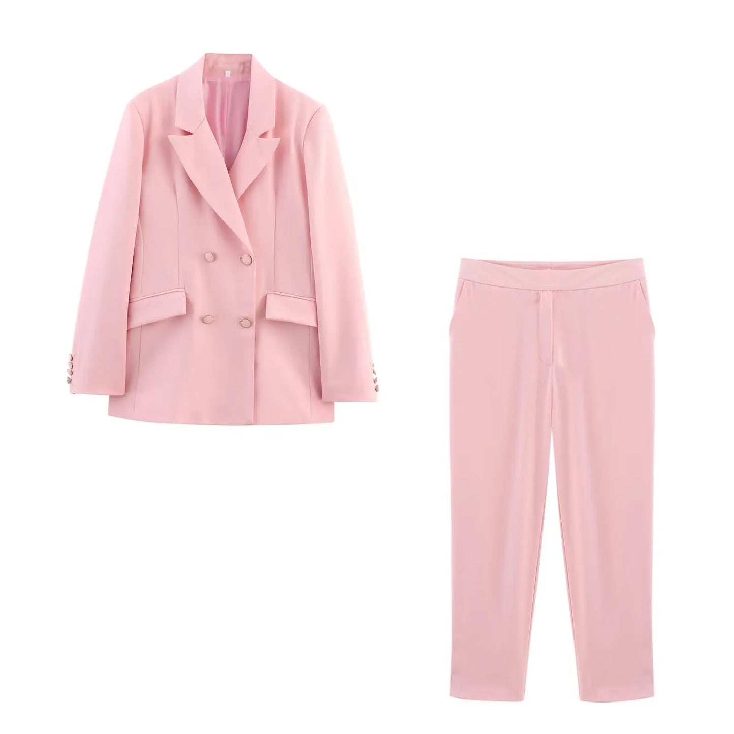 HH Women New Fashion Blazer Suit Lapel Double-Breasted Pocket Casual Coat+Chic High Waist Loose Zipper Slim Long Pants Suit