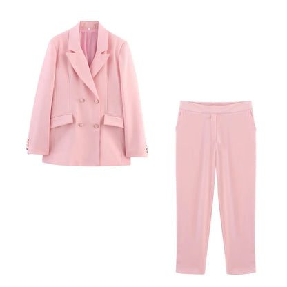 HH Women New Fashion Blazer Suit Lapel Double-Breasted Pocket Casual Coat+Chic High Waist Loose Zipper Slim Long Pants Suit