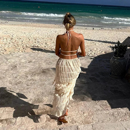 Beach Dresses Women 2024 Skirt Set Sleeveless Backless Cropped Halter Tops Drawstring Long Skirts Elegant Fashion 2 Piece Sets