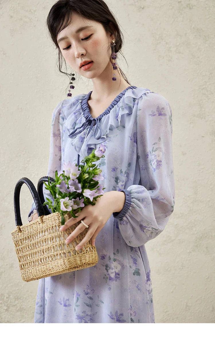 MISHOW Print Spring Summer Dress for Women New 2025 Ruffled V-neck Long Sleeve Blue French Dresses Female Fashion MXE15L2139