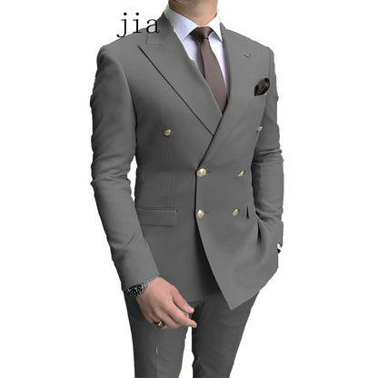 2024 Fashion New Men's Business Double Breasted Solid Color Suit Coat / Male Slim Wedding 2 Pieces Blazers Jacket Pants Trousers