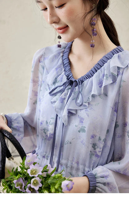 MISHOW Print Spring Summer Dress for Women New 2025 Ruffled V-neck Long Sleeve Blue French Dresses Female Fashion MXE15L2139