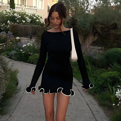 Sexy Pleated Ruffled Mini Dress Women Fashion Solid Puffed Long Sleeves Round Neck Loose Dresses 2026 Lady Evening Party Vestido