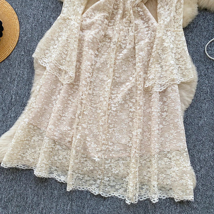 Spring France Elegant Vintage High End Evening Dress Women 3D Flower Lace Hollow Out Party Dress Female Casual Chic Clothing New