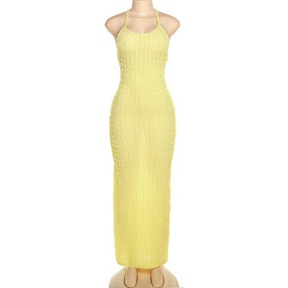 ANJAMANOR Halter Backless Maxi Summer Dresses for Women 2023 Sexy Beach Vacation Outfits Yellow Frilled Slit Long Dress D96-BH26
