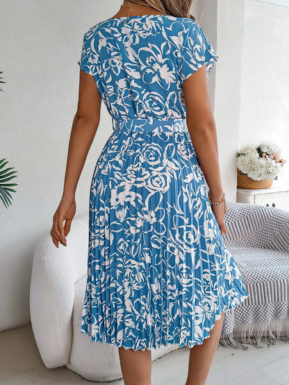 Spring Summer Elegant Flower Print Dress Short Sleeve Folded Dresses for Women Mother's Day