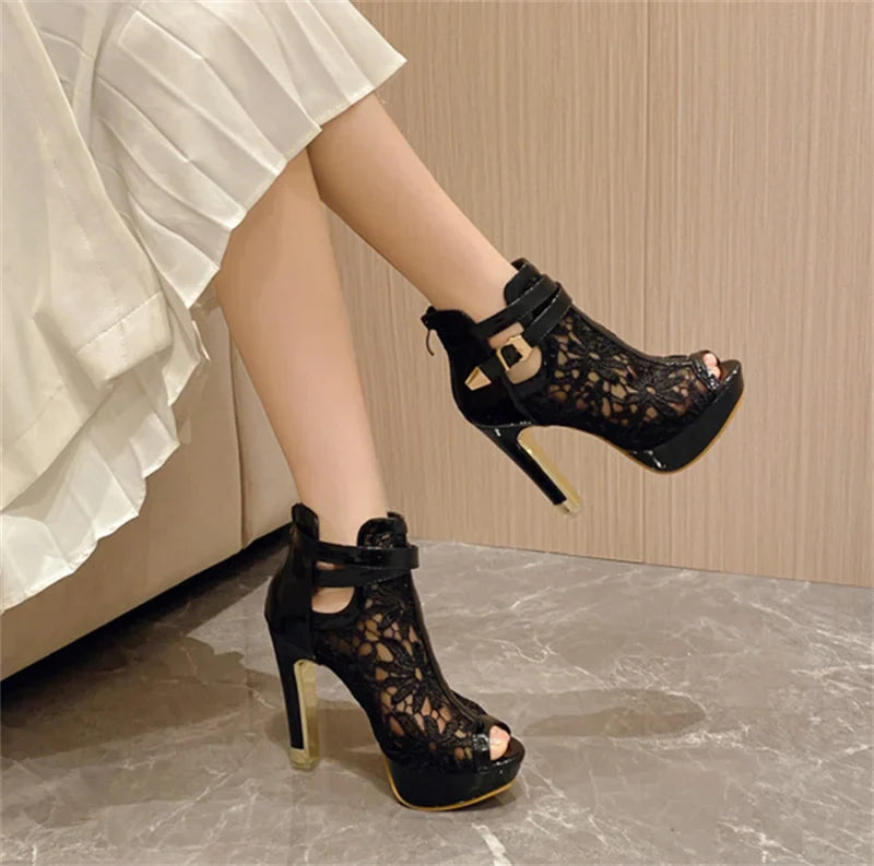 Hlieny Autumn Sexy Mesh Fabric Platform High Heels Boots Sandals Women Peep Toe Nightclub Party Stiletto Female Shoes