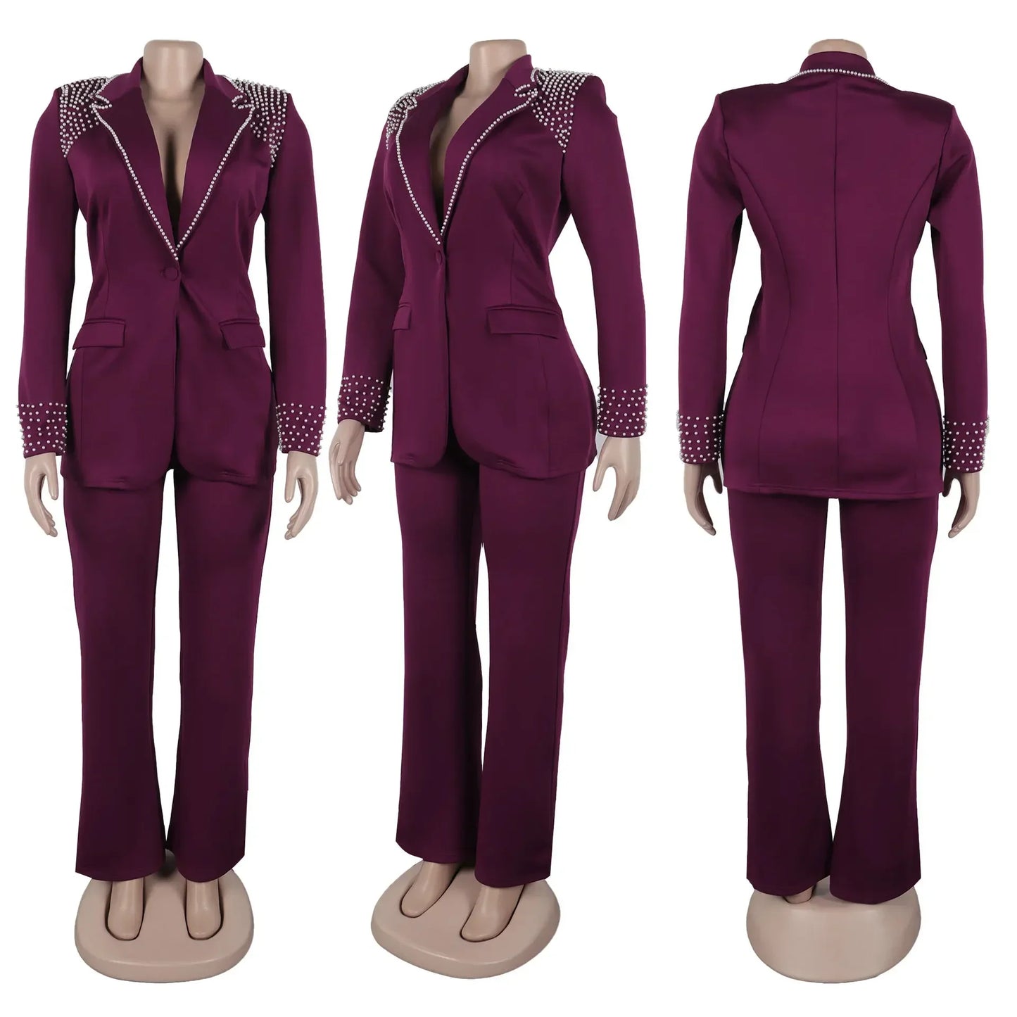 CM.YAYA Fashion Pearl Splicing Women's Set Long Sleeve Blazer and Wide Leg Pants Suit 2024 Winter OL Fall Two 2 Piece Set Outfit