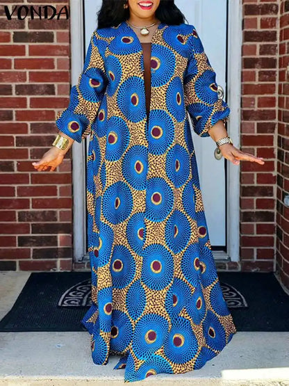 Plus Size Cover-ups VONDA Women Long Cardigans 2025 Bohemian Printed Long Sleeve Shirt Casual Loose Fashion Vintage Beach Top