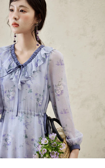 MISHOW Print Spring Summer Dress for Women New 2025 Ruffled V-neck Long Sleeve Blue French Dresses Female Fashion MXE15L2139