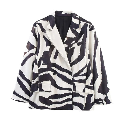 KONDALA Vintage Zebra Print Women Suits V Neck Oversized Long Blazer High Waist Wide Leg Pants Fashion 2025 Fall Streetwear Suit