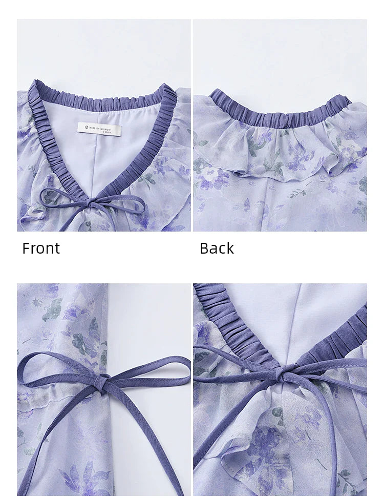MISHOW Print Spring Summer Dress for Women New 2025 Ruffled V-neck Long Sleeve Blue French Dresses Female Fashion MXE15L2139