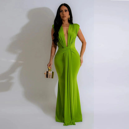 Dress Women Long Dresses Deep V Neck Sleeveless Solid Slim Fit Tight Waist Sexy Elegant Splice Hip Wrap Temperament Vestidos