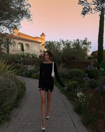 Sexy Pleated Ruffled Mini Dress Women Fashion Solid Puffed Long Sleeves Round Neck Loose Dresses 2026 Lady Evening Party Vestido