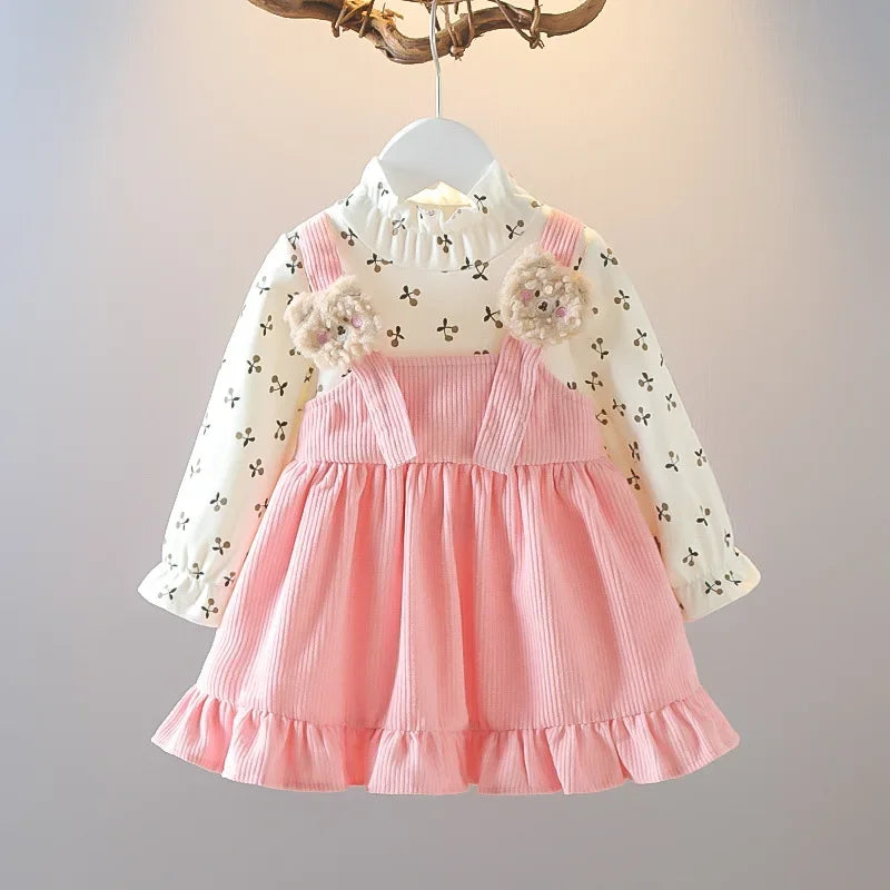 Baby Girl Dresses Spring and Autumn Floral Bear Girl Dresses Cute Long Sleeve Girls Dresses Baby Clothes Girl ﻿