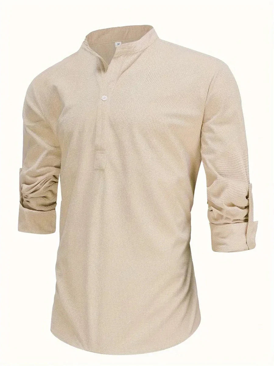 Men's Spring Shirts Solid Color Casual Henry Neck Long Sleeve Outdoor Simple Male Waffle top Thin Button Tops