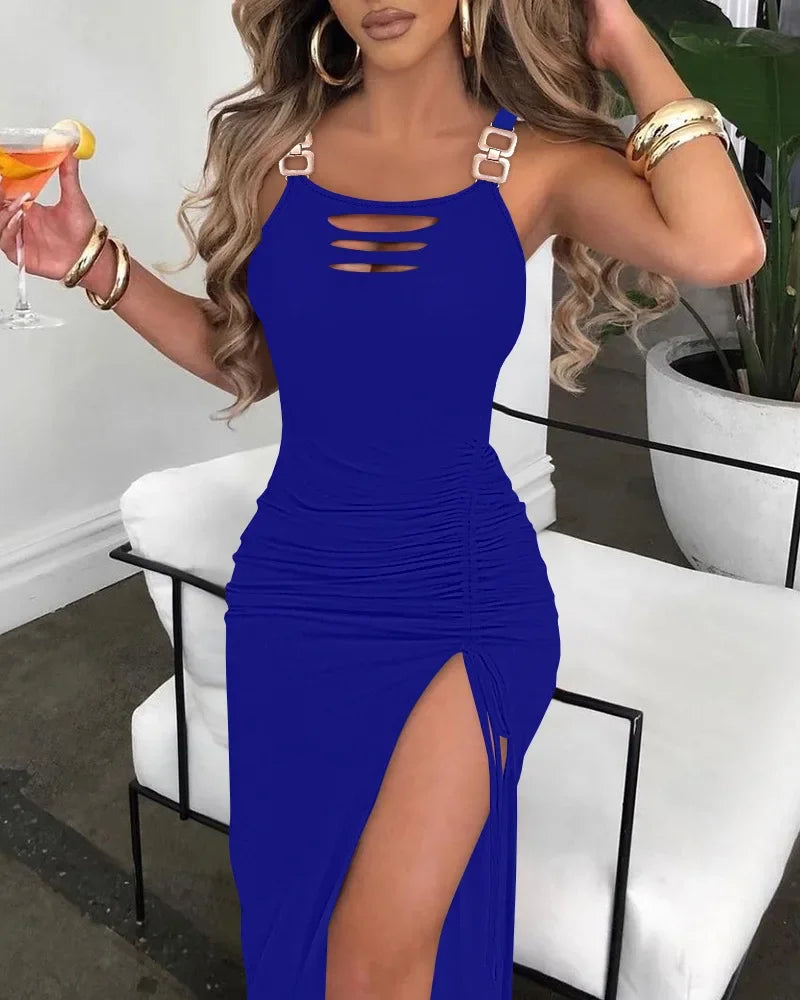 Summer Dresses for Women Fashion 2025 Solid Ladder Cutout Buckled High Slit Bodycon Dress Lady Hole Decoration Party Evening