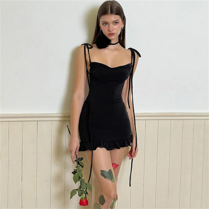 2024 European and American New High end Y2K Sexy Open Back Lace up Slim Fit Spicy Girl Short Skirt Summer Party Club Mini Dress