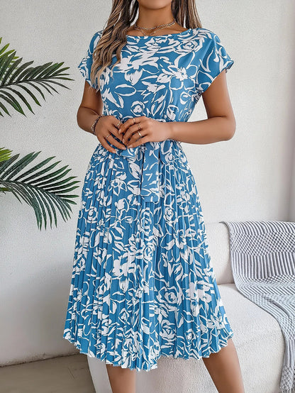 Spring Summer Elegant Flower Print Dress Short Sleeve Folded Dresses for Women Mother's Day