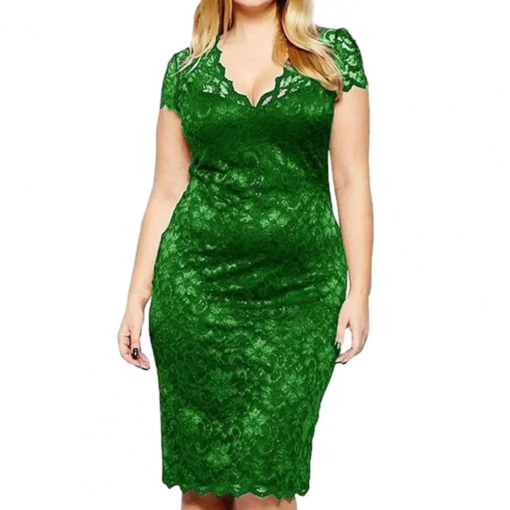 Summer Women See-through Lace Patchwork Mini Dress V-Neck Short Sleeve Slim Fit Plus Size Party Dress Female Clothing
