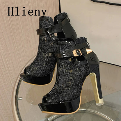 Hlieny Autumn Sexy Mesh Fabric Platform High Heels Boots Sandals Women Peep Toe Nightclub Party Stiletto Female Shoes