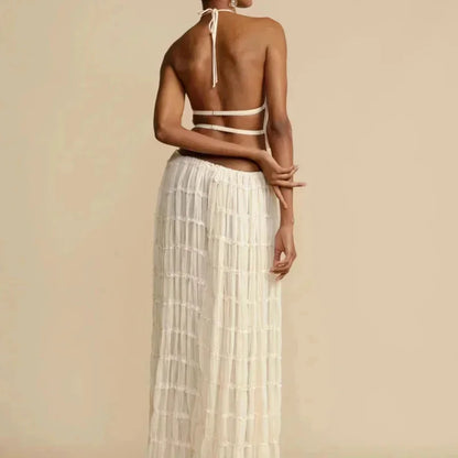 Beach Dresses Women 2024 Skirt Set Sleeveless Backless Cropped Halter Tops Drawstring Long Skirts Elegant Fashion 2 Piece Sets