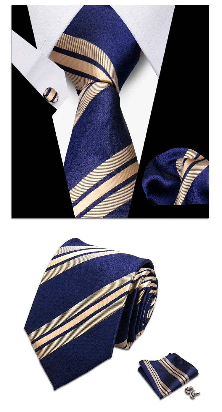 Classic Elegant Ties For Men Fashion Gifts Striped Solid Necktie Handchief Cufflink 3 Pcs Set Wedding Business Suit Accessories