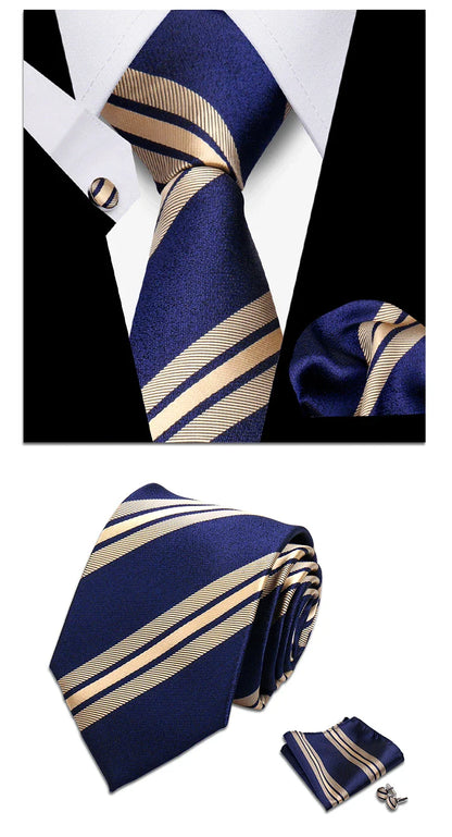 Classic Elegant Ties For Men Fashion Gifts Striped Solid Necktie Handchief Cufflink 3 Pcs Set Wedding Business Suit Accessories