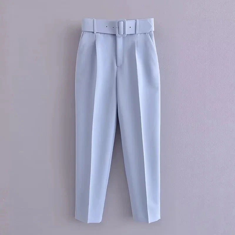 KONDALA Office Lady Light Blue Blazer Suits Women 2 Pieces V Neck Loose Jackets+High Waist Sashes Pants Fashion 2023 Autumn Sets