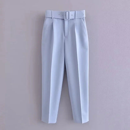 KONDALA Office Lady Light Blue Blazer Suits Women 2 Pieces V Neck Loose Jackets+High Waist Sashes Pants Fashion 2023 Autumn Sets