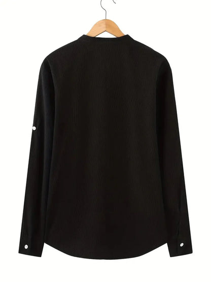 Men's Spring Shirts Solid Color Casual Henry Neck Long Sleeve Outdoor Simple Male Waffle top Thin Button Tops