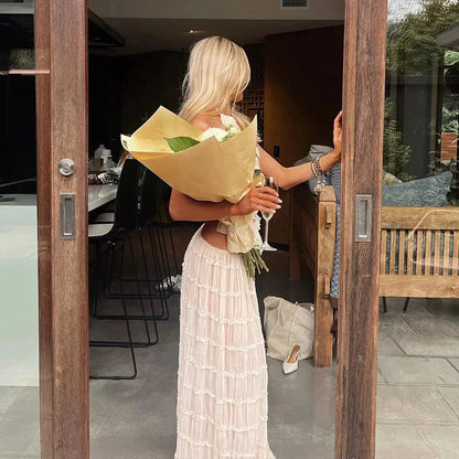 Beach Dresses Women 2024 Skirt Set Sleeveless Backless Cropped Halter Tops Drawstring Long Skirts Elegant Fashion 2 Piece Sets
