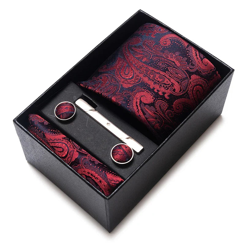 Tie Handkerchief Cufflink Set For Men Necktie Holiday Gift Box Blue Gold Suit Accessories Slim Wedding Gravatas