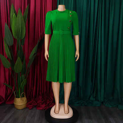Elegant Office Pleated Dresses for Woman 2024 O Neck Buttons Belt Waisted Mid Calf Fashion Female Business Work Wear Dress Midi