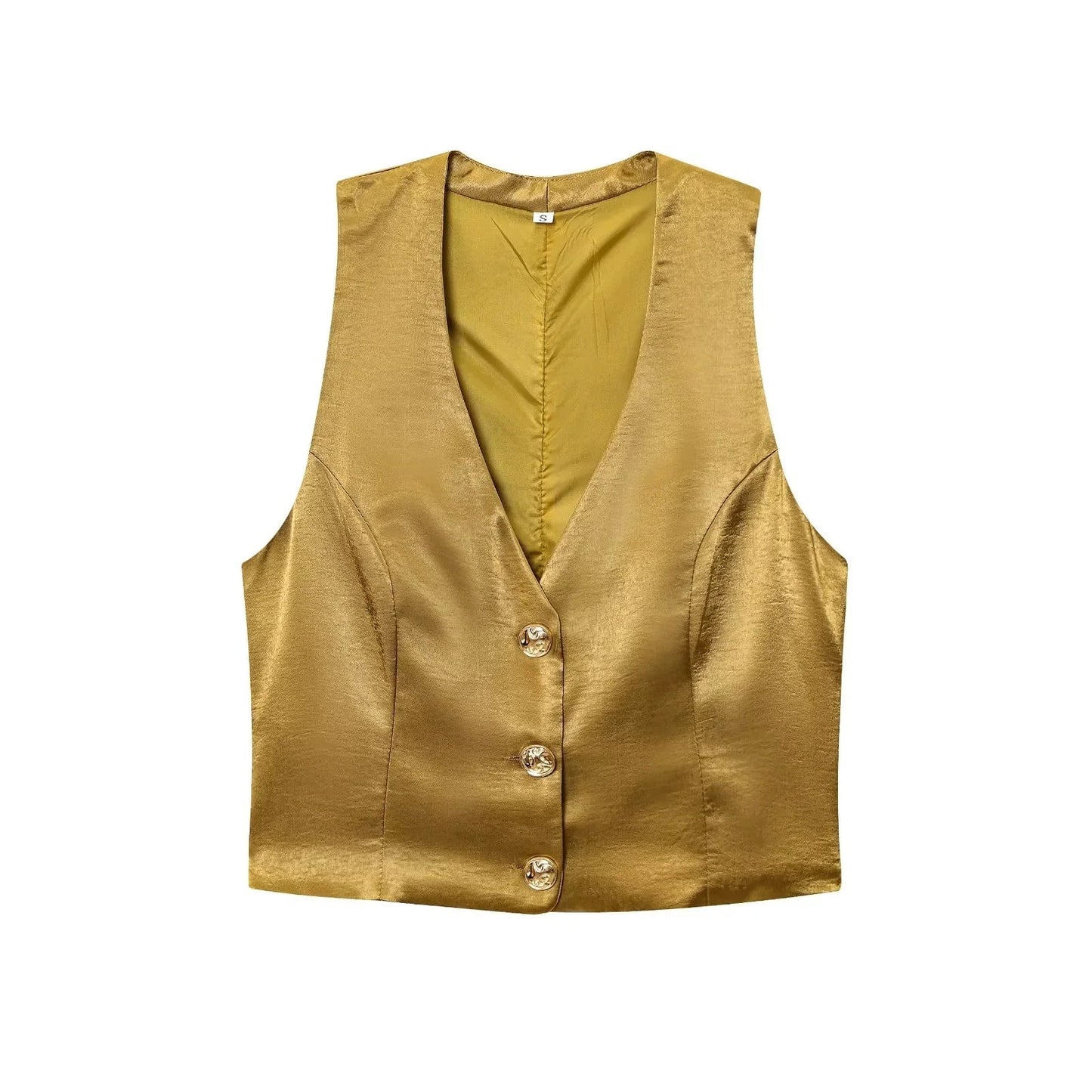 KONDALA Casual Chic Yellow Satin Women Suits V Neck Buttons Vest High Waist Wide Leg Pants Fashion 2025 Summer Holiday Suits