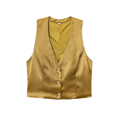KONDALA Casual Chic Yellow Satin Women Suits V Neck Buttons Vest High Waist Wide Leg Pants Fashion 2025 Summer Holiday Suits