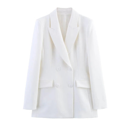 HH Women New Fashion Blazer Suit Lapel Double-Breasted Pocket Casual Coat+Chic High Waist Loose Zipper Slim Long Pants Suit