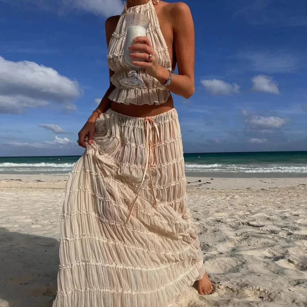 Beach Dresses Women 2024 Skirt Set Sleeveless Backless Cropped Halter Tops Drawstring Long Skirts Elegant Fashion 2 Piece Sets