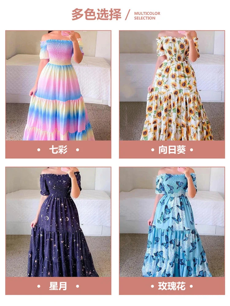Spring Summer Sexy Off Shoulder Maxi Dress Woman Fashion Flower Print Short Sleeve Dresses For Women 2023 Elegant Party Robe