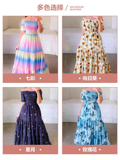 Spring Summer Sexy Off Shoulder Maxi Dress Woman Fashion Flower Print Short Sleeve Dresses For Women 2023 Elegant Party Robe