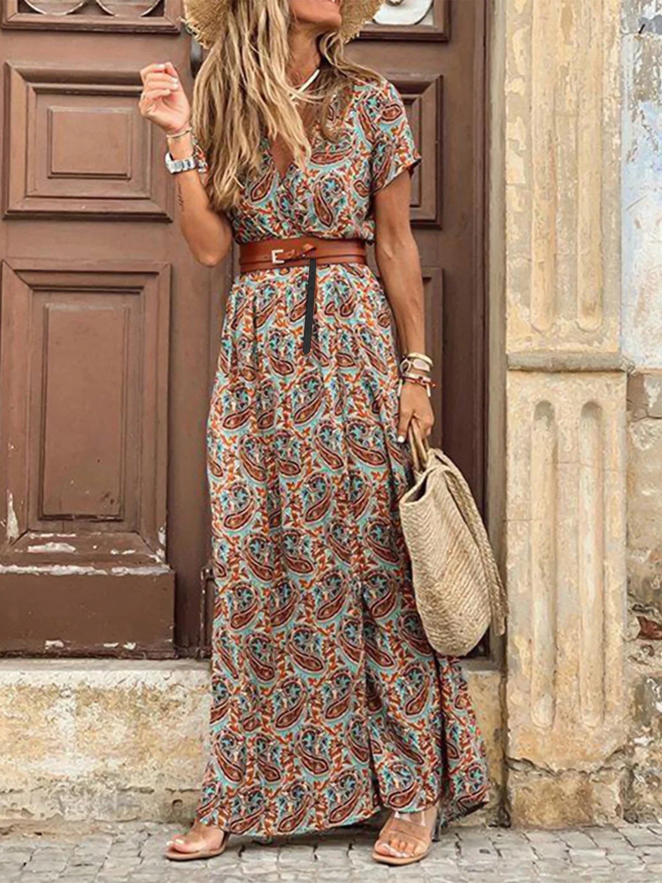 Elegant Floral Pleated H shaped Midi Dress Female V Neck Puff Sleeve Waist Ruched Button Dresses Women Summer Dress Robe