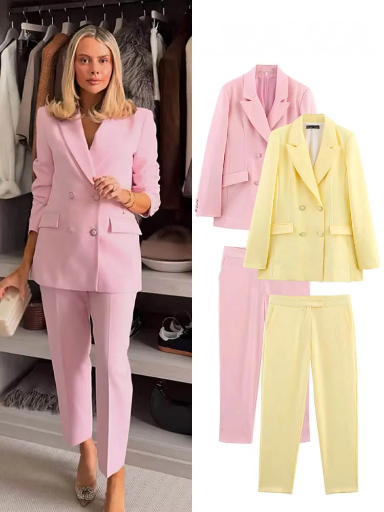 HH Women New Fashion Blazer Suit Lapel Double-Breasted Pocket Casual Coat+Chic High Waist Loose Zipper Slim Long Pants Suit
