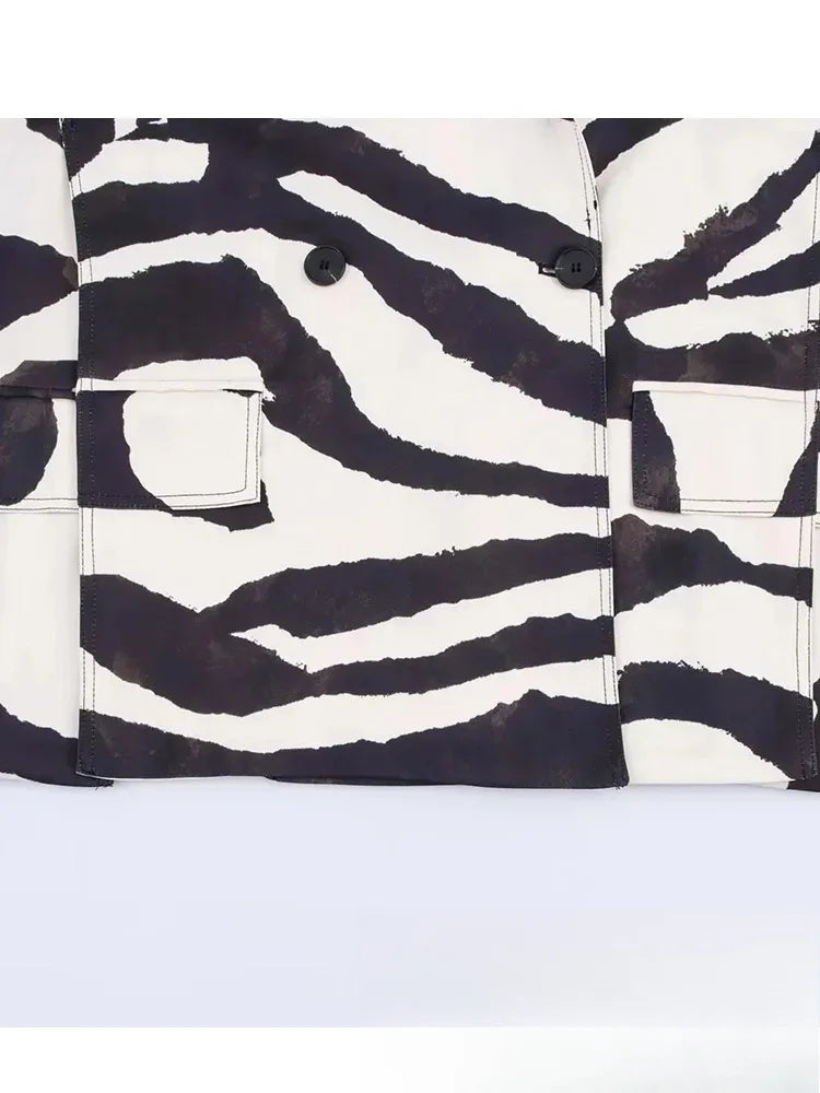 KONDALA Vintage Zebra Print Women Suits V Neck Oversized Long Blazer High Waist Wide Leg Pants Fashion 2025 Fall Streetwear Suit